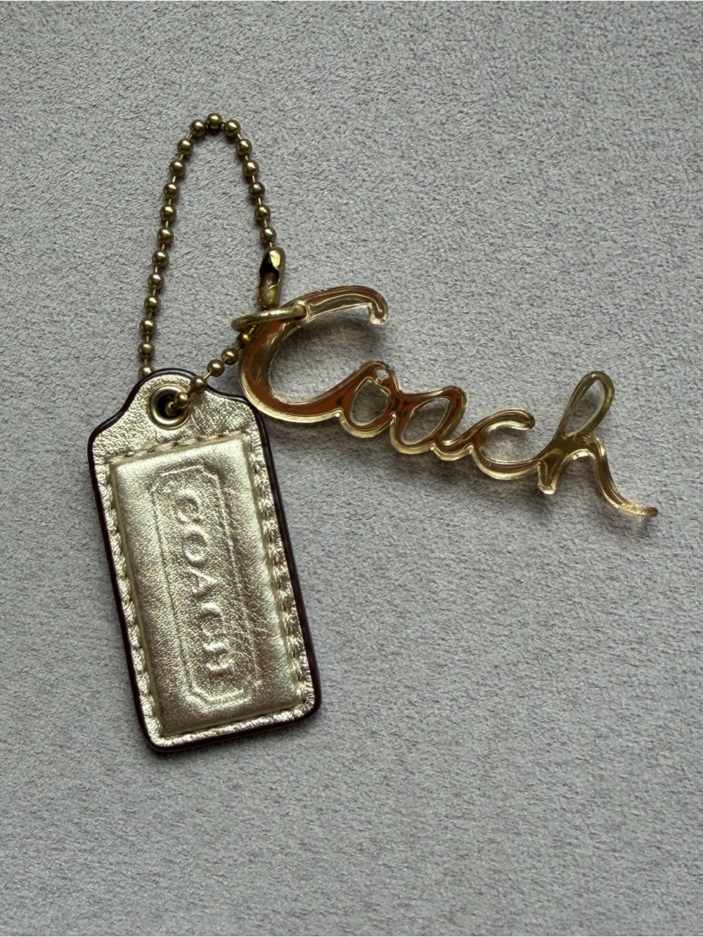 Coach Gold Script Charm Keychain with Gold Leather Tag